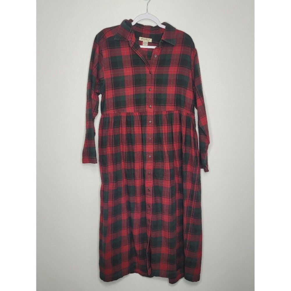 Eddie Bauer green red plaid holiday cotton long sleeve modest dress size large